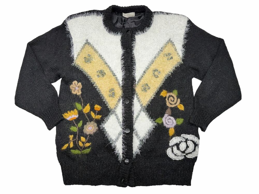 Yu San Womens L Black Mohair Blend Floral Embroidered Short Sleeve Cardigan